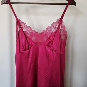 Vintage 80s Barbiecore Magenta Slinky Lace Nightie Slip Dress Size 34/M